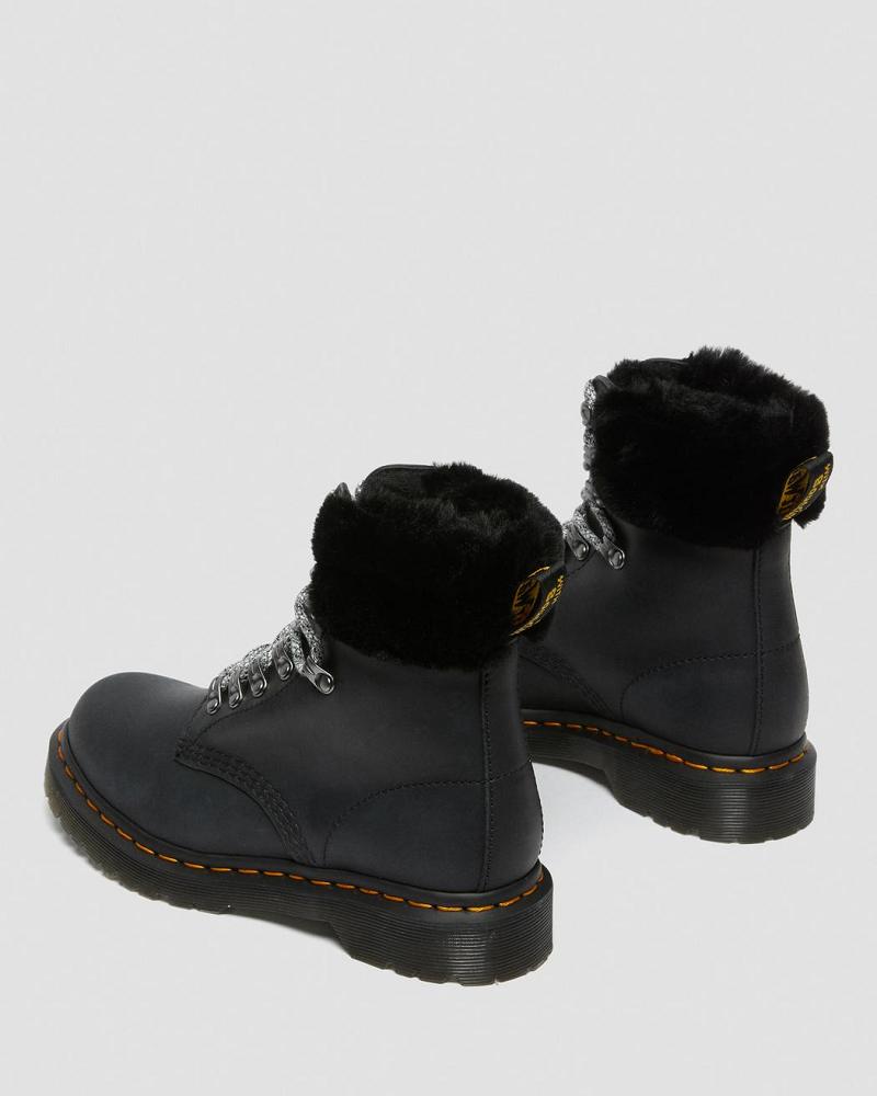 Dr Martens 1460 Serena Collar Faux Fur Gevoerde Veterlaarzen Dames Zwart | NL 578UZG